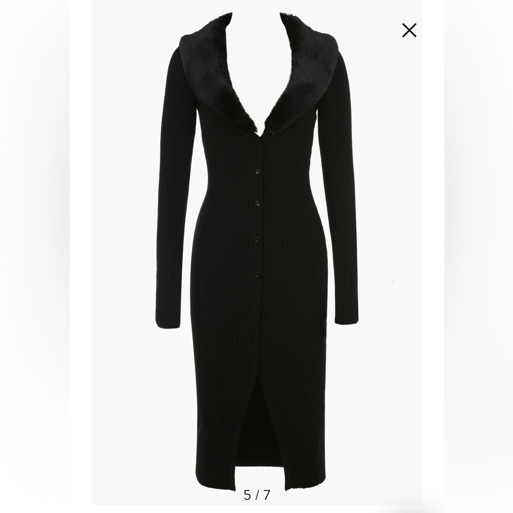 House of CB Ribbed Black Midi Dress with Faux Fur Collar - Picture 4 of 14